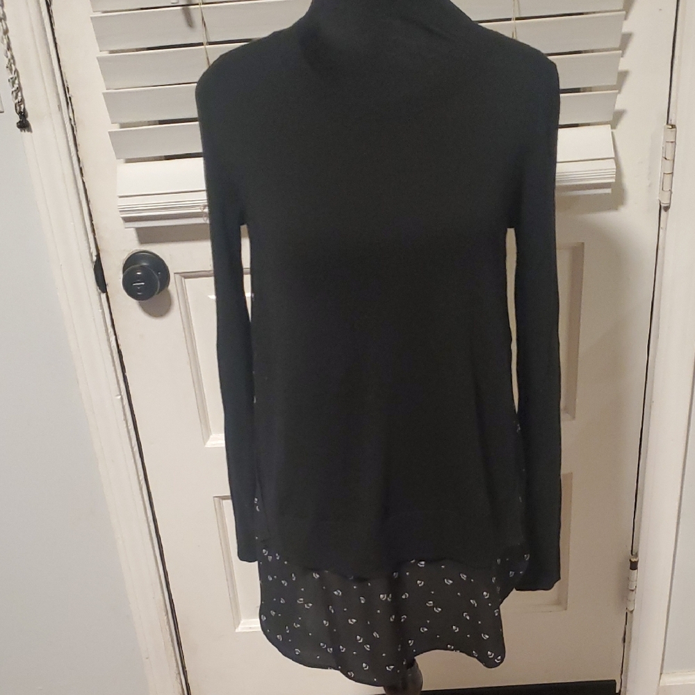 LOFT Black Sweater Over Blouse with Subtle Pattern